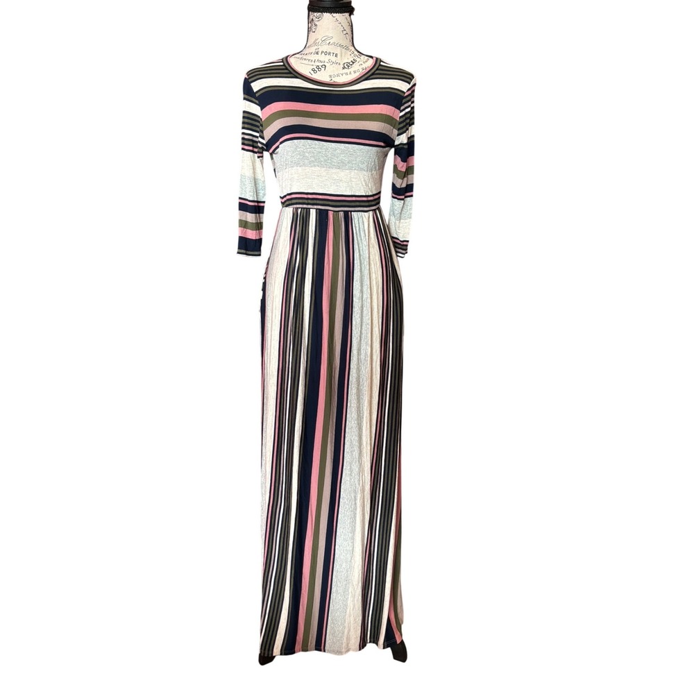Ces Femme Striped‎ Maxi Dress 3/4 Sleeve Empire Waist Multicolor Boho Casual